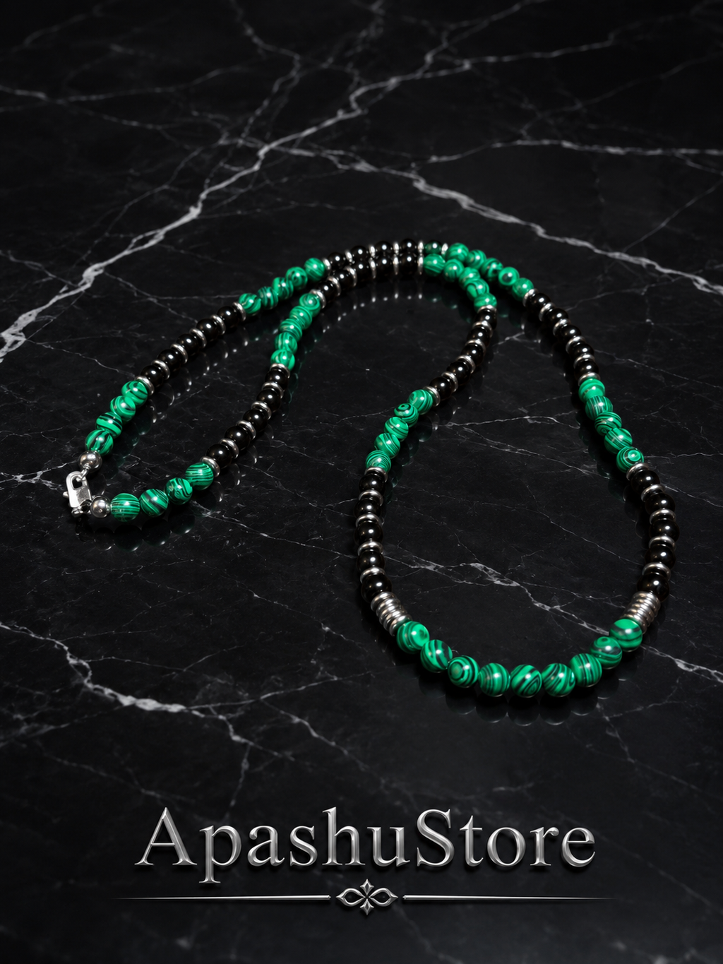 Green Malachite & Black Onyx Beaded Necklace 62 cm • 6 mm Beads • Silver Clasp • Any Size
