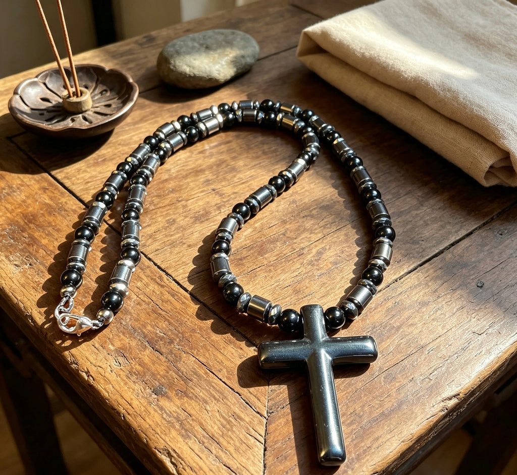 Black Onyx & Hematite Cross Necklace – 21 Inch Handmade Men’s Necklace – 6mm Natural Gemstone Beads – Christian Cross Pendant – Custom Sizes Available