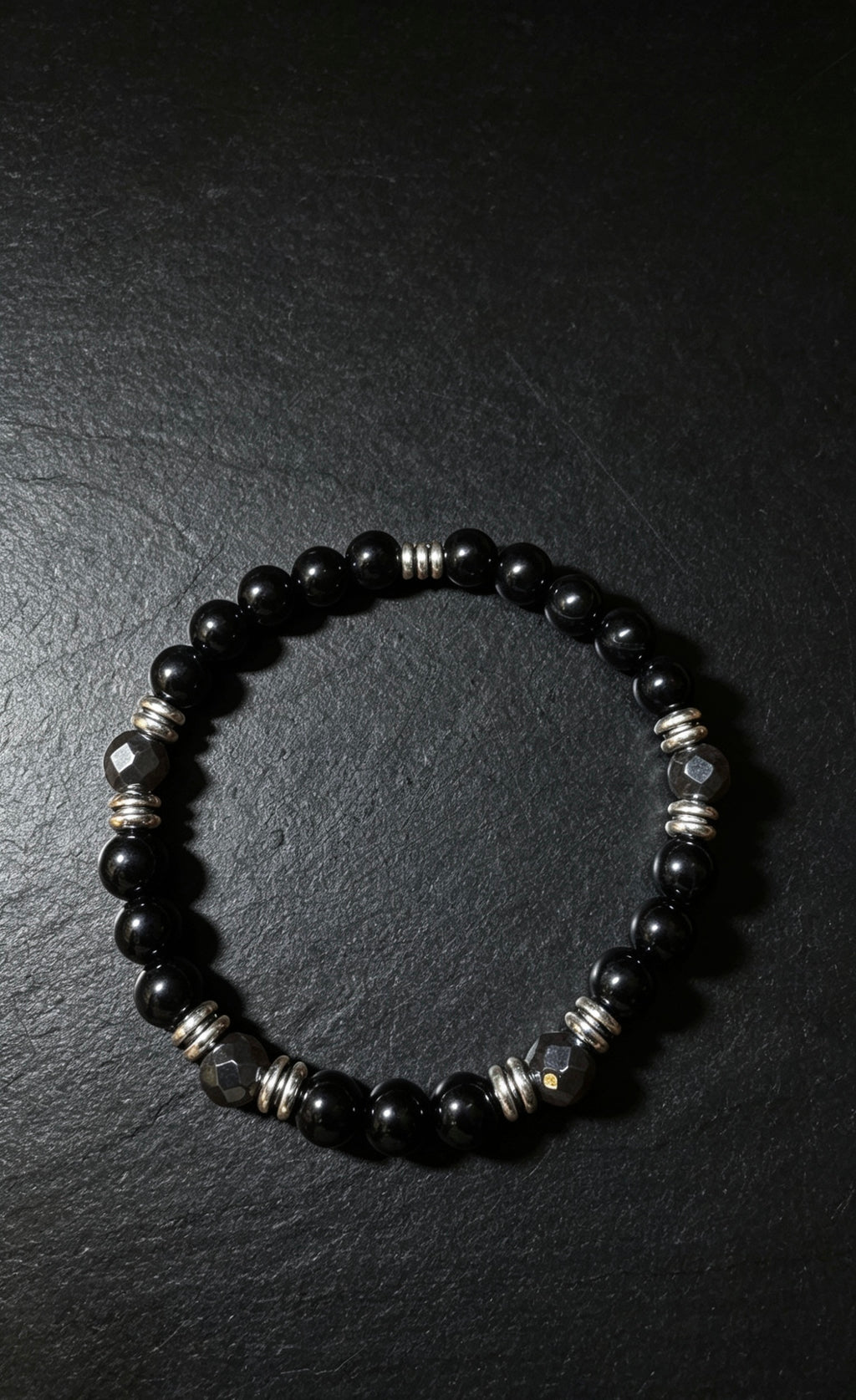 Black Onyx & Hematite Bracelet 19 cm – Minimalist Men’s Beaded Bracelet – Any Size Available – Stretch Gemstone Bracelet – Gift for Him