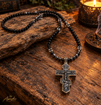 Men's Orthodox Cross Necklace – Natural Black Onyx & Hematite | Stainless Steel Crucifix | 26 Inch