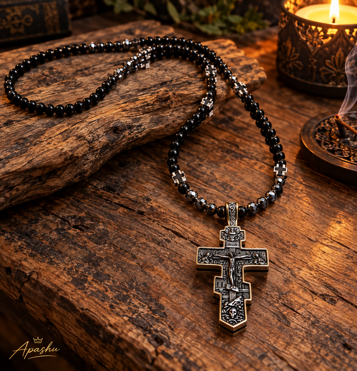 Men's Orthodox Cross Necklace – Natural Black Onyx & Hematite | Stainless Steel Crucifix | 26 Inch