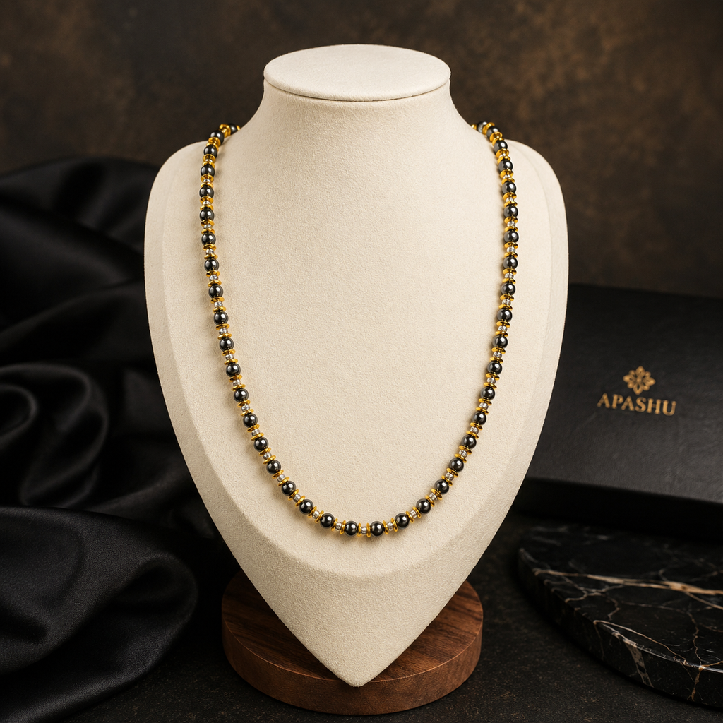 Men’s Black Onyx & Hematite Necklace – 6mm & 4mm Beads – 26 Inch Slip-On – Custom Length