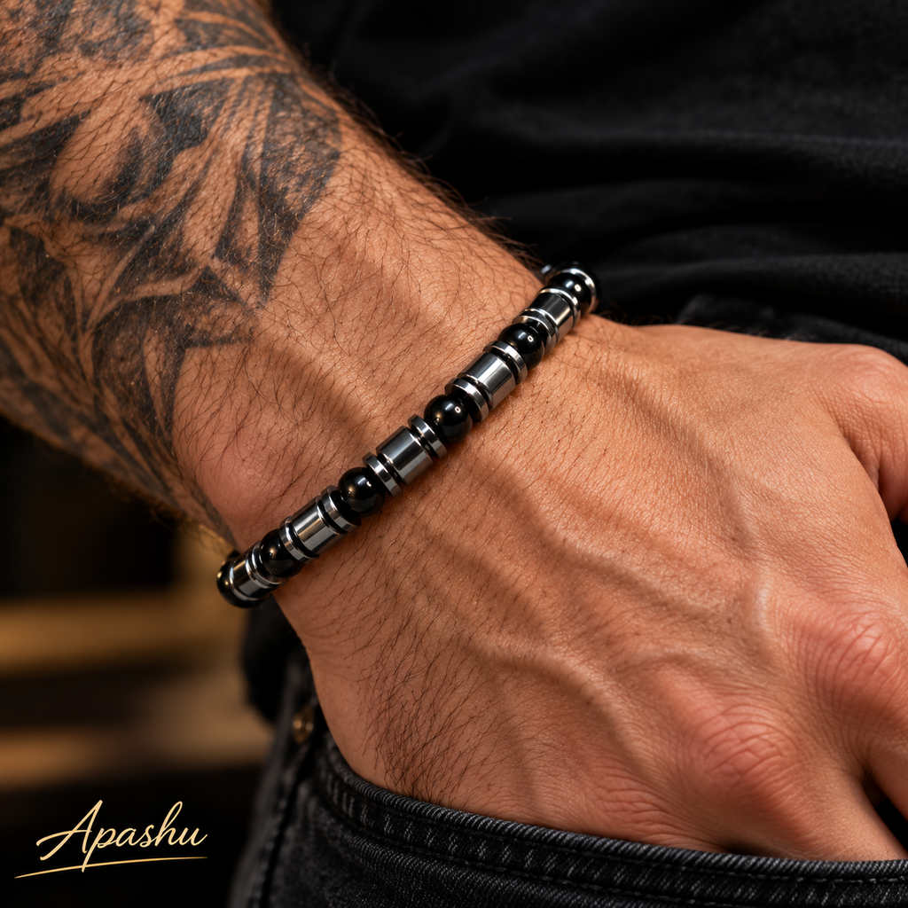Men’s Black Onyx & Hematite Bracelet – Natural Stone Beaded Bracelet