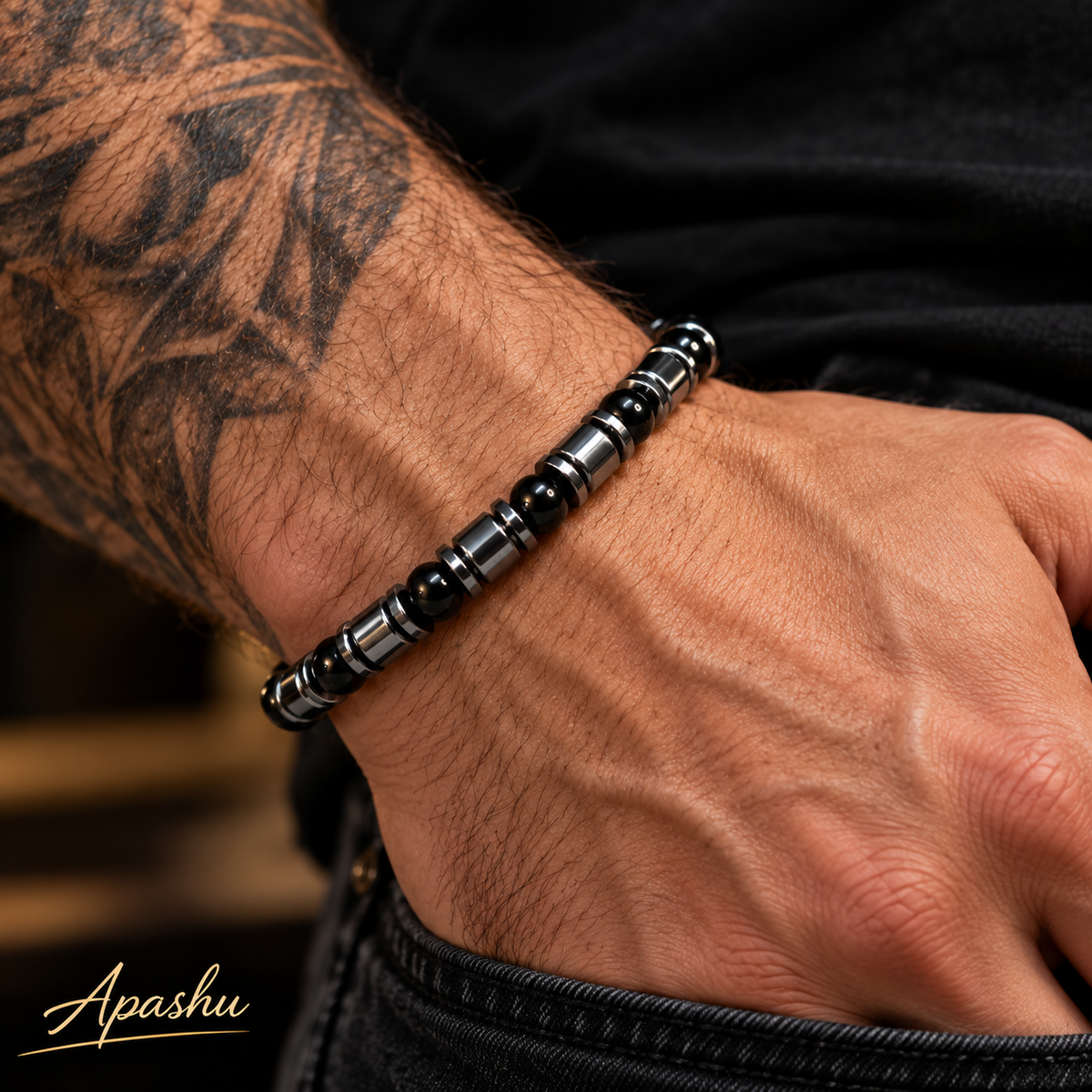 Men’s Black Onyx & Hematite Bracelet – Natural Stone Beaded Bracelet