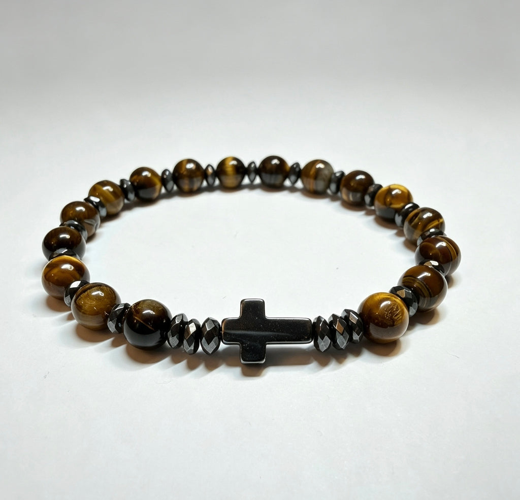 Natural Tiger Eye & Hematite Cross Bracelet – Handmade Luxury Stone Bracelet | Custom Size