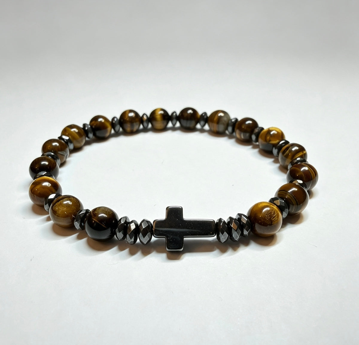 Natural Tiger Eye & Hematite Cross Bracelet – Handmade Luxury Stone Bracelet | Custom Size