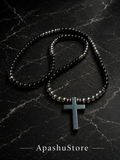 26 Inch Black Cross Necklace for Men – Long Slip On Beaded Necklace – Hematite & Black Stone Minimalist Jewelry