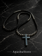 26 Inch Black Cross Necklace for Men – Long Slip On Beaded Necklace – Hematite & Black Stone Minimalist Jewelry
