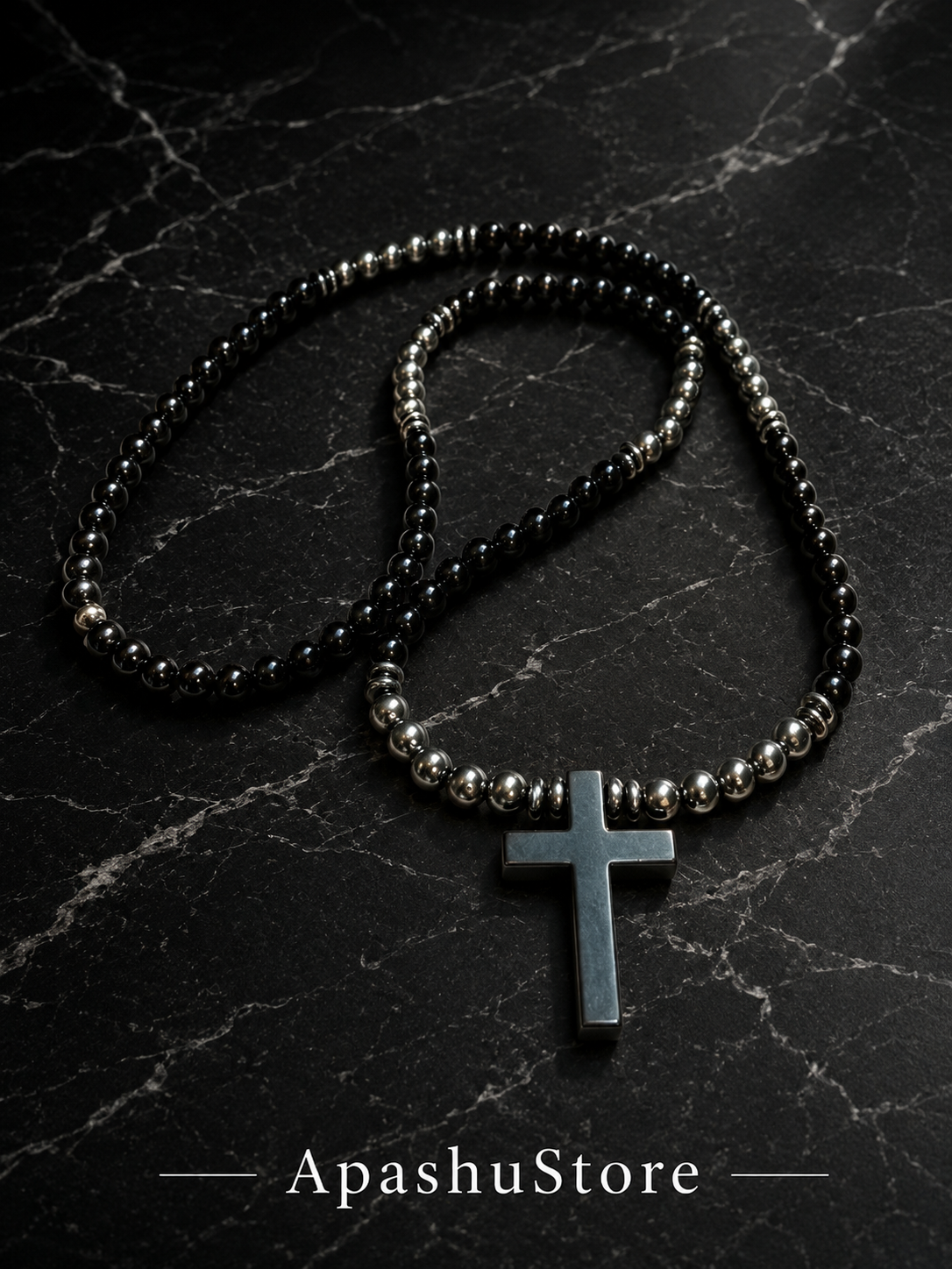 26 Inch Black Cross Necklace for Men – Long Slip On Beaded Necklace – Hematite & Black Stone Minimalist Jewelry