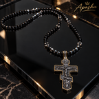 Men's Orthodox Cross Necklace – Natural Black Onyx & Hematite | Stainless Steel Crucifix | 26 Inch