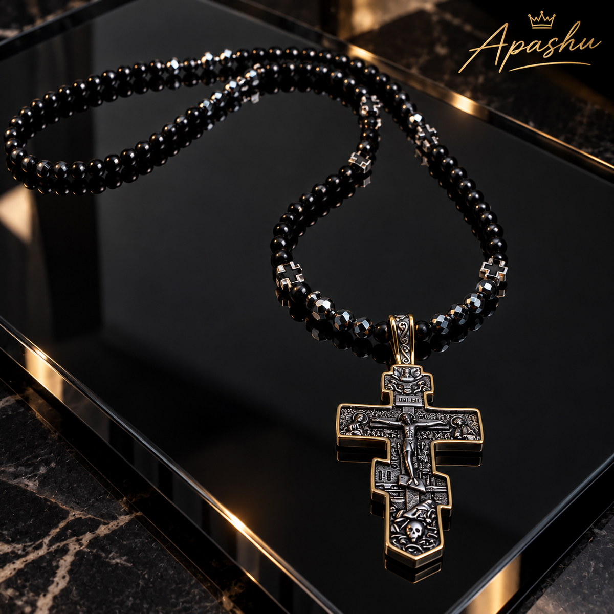 Men's Orthodox Cross Necklace – Natural Black Onyx & Hematite | Stainless Steel Crucifix | 26 Inch
