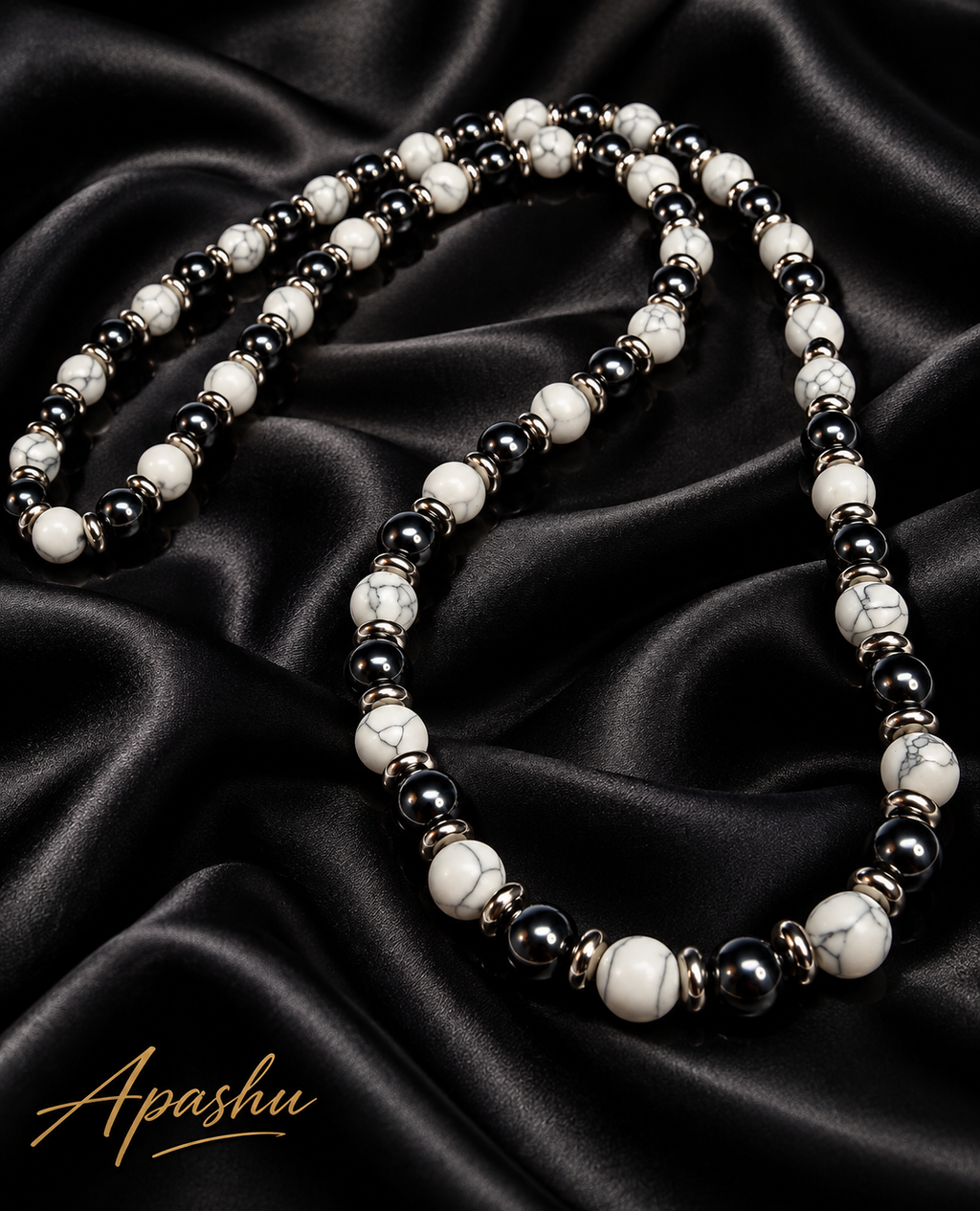 Men’s Howlite & Hematite Beaded Necklace – 8mm Natural Stone – 26 Inch