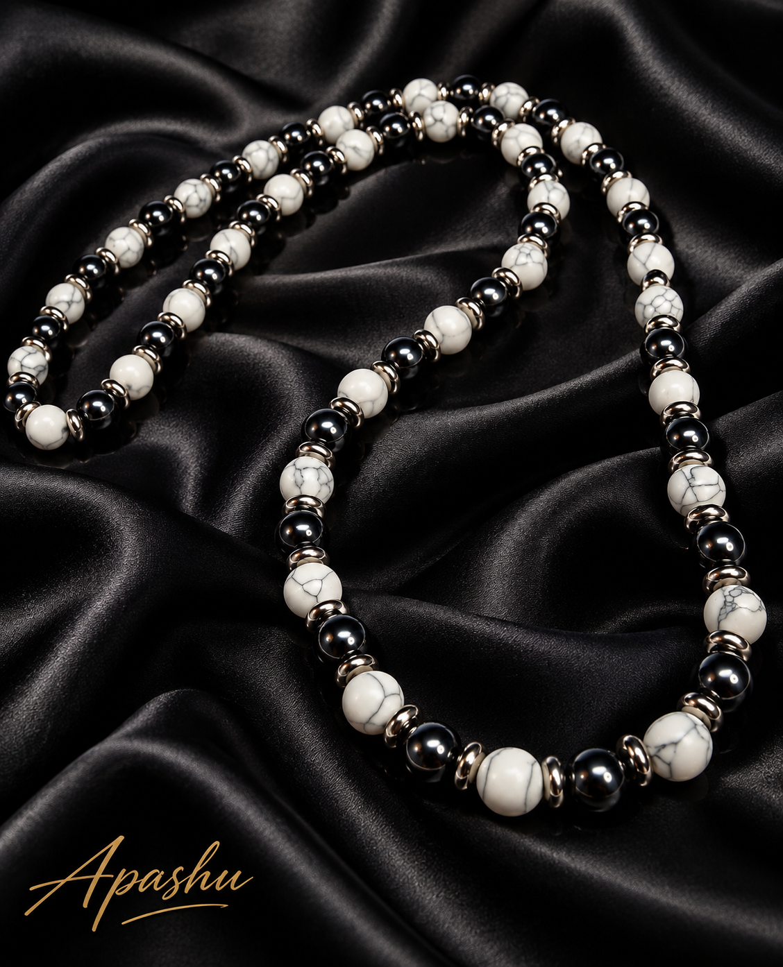 Men’s Howlite & Hematite Beaded Necklace – 8mm Natural Stone – 26 Inch