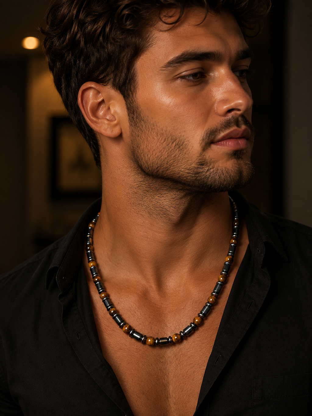 6mm Tiger Eye & Hematite Necklace – 27 Inch – Slip-On Design – Men’s Natural Stone Necklace