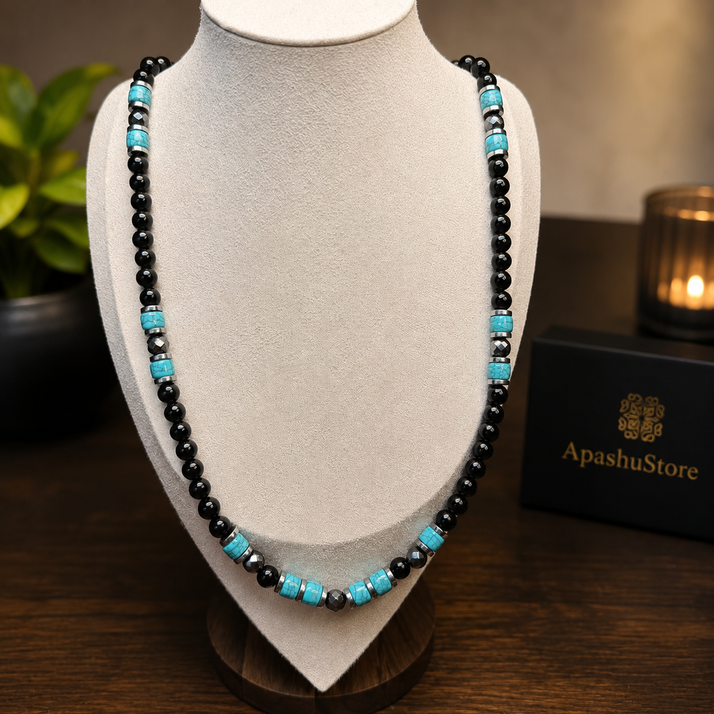 Men’s Onyx & Turquoise Beaded Necklace – 26” (66 cm) | 8 mm Handmade Necklace