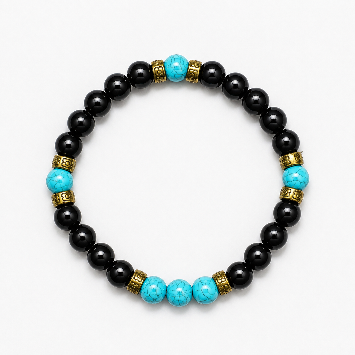 Handmade Black Onyx & Turquoise Bracelet, 8mm Gemstone Beaded Bracelet, Unisex Jewelry, Stretch Bracelet, Custom Size Gift for Men & Women