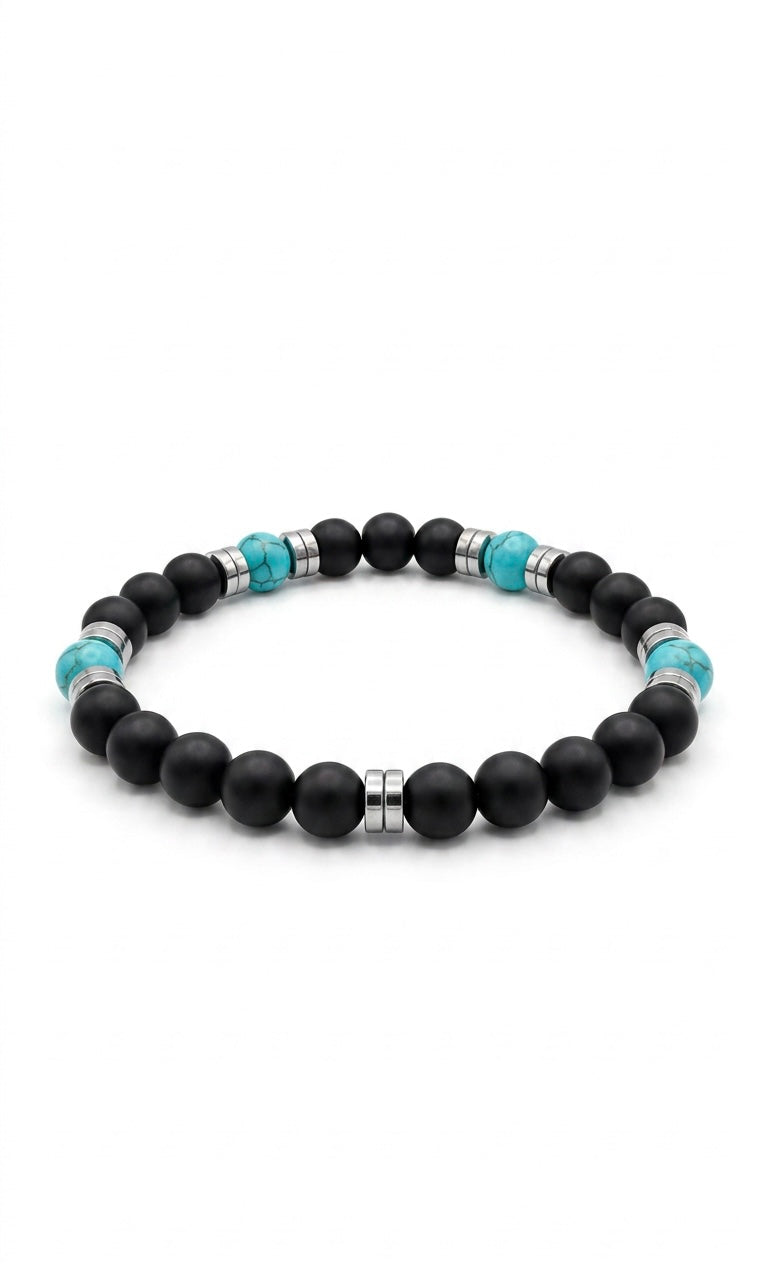 Black Onyx & Turquoise Men’s Bracelet 19cm – Natural Stone Beaded Bracelet – Any Size Available ✨