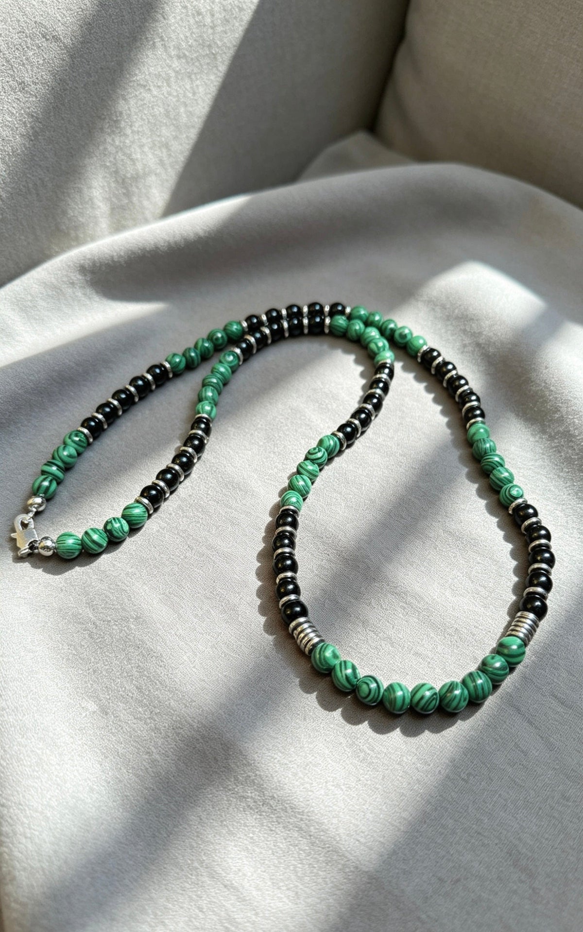 Green Malachite & Black Onyx Beaded Necklace 62 cm • 6 mm Beads • Silver Clasp • Any Size