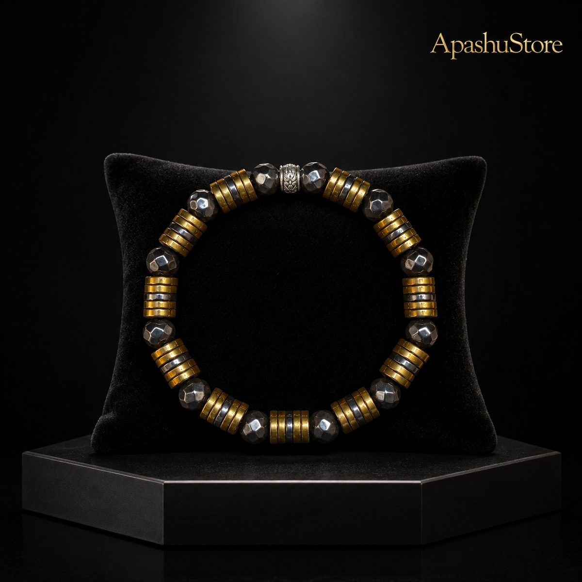 Luxury Men’s Faceted Hematite Bracelet with Gold-Tone Spacers – 8mm Beads, 19cm, Handmade in Any Size