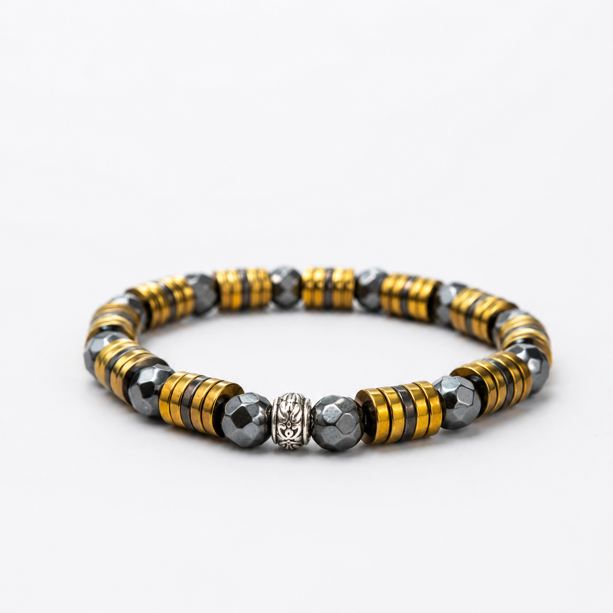 Luxury Men’s Faceted Hematite Bracelet with Gold-Tone Spacers – 8mm Beads, 19cm, Handmade in Any Size