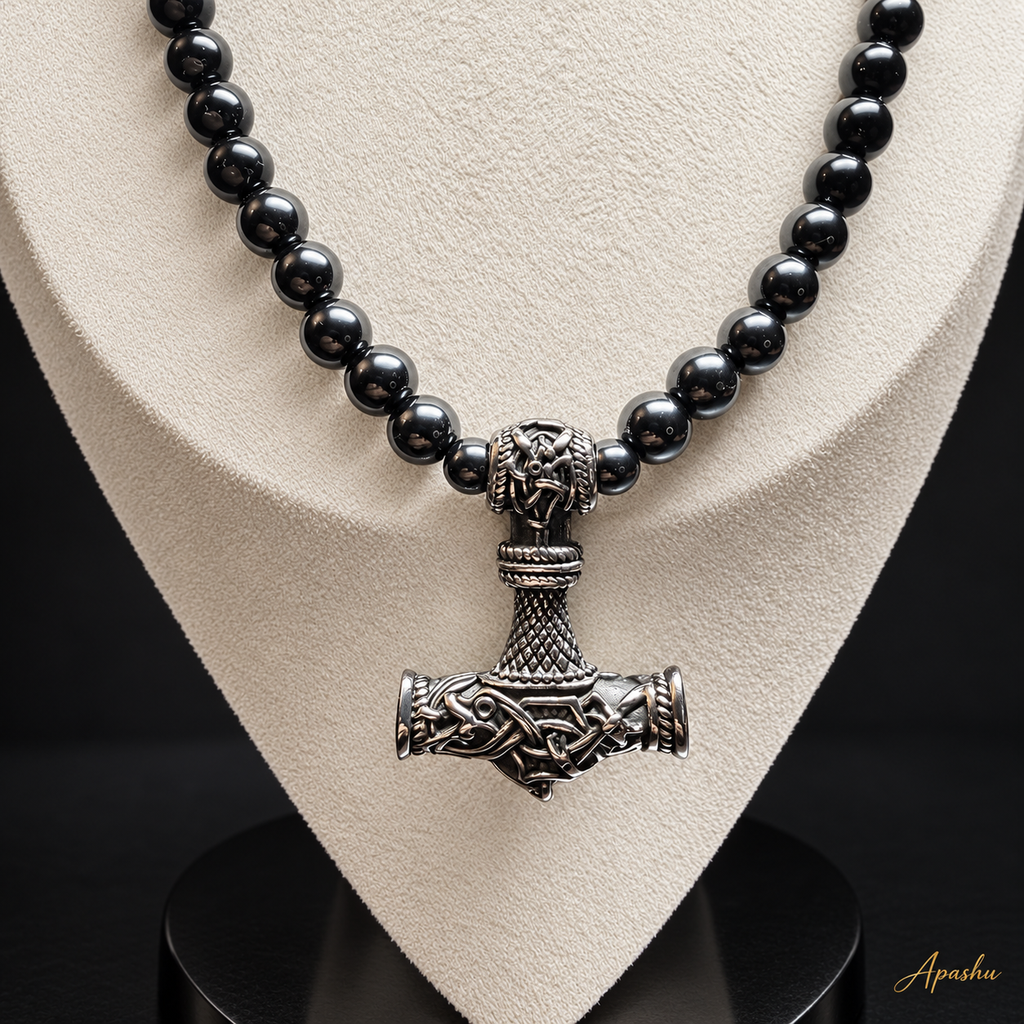 Thor Hammer Necklace – Onyx, Hematite & Stainless Steel, 26 Inch, 8mm Beads