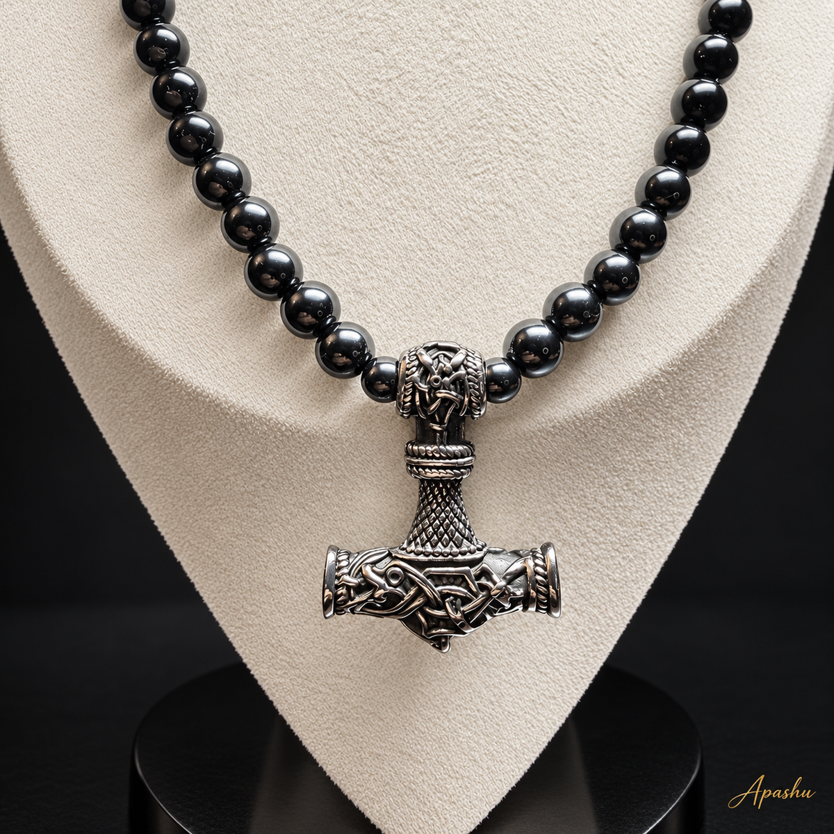 Thor Hammer Necklace – Onyx, Hematite & Stainless Steel, 26 Inch, 8mm Beads