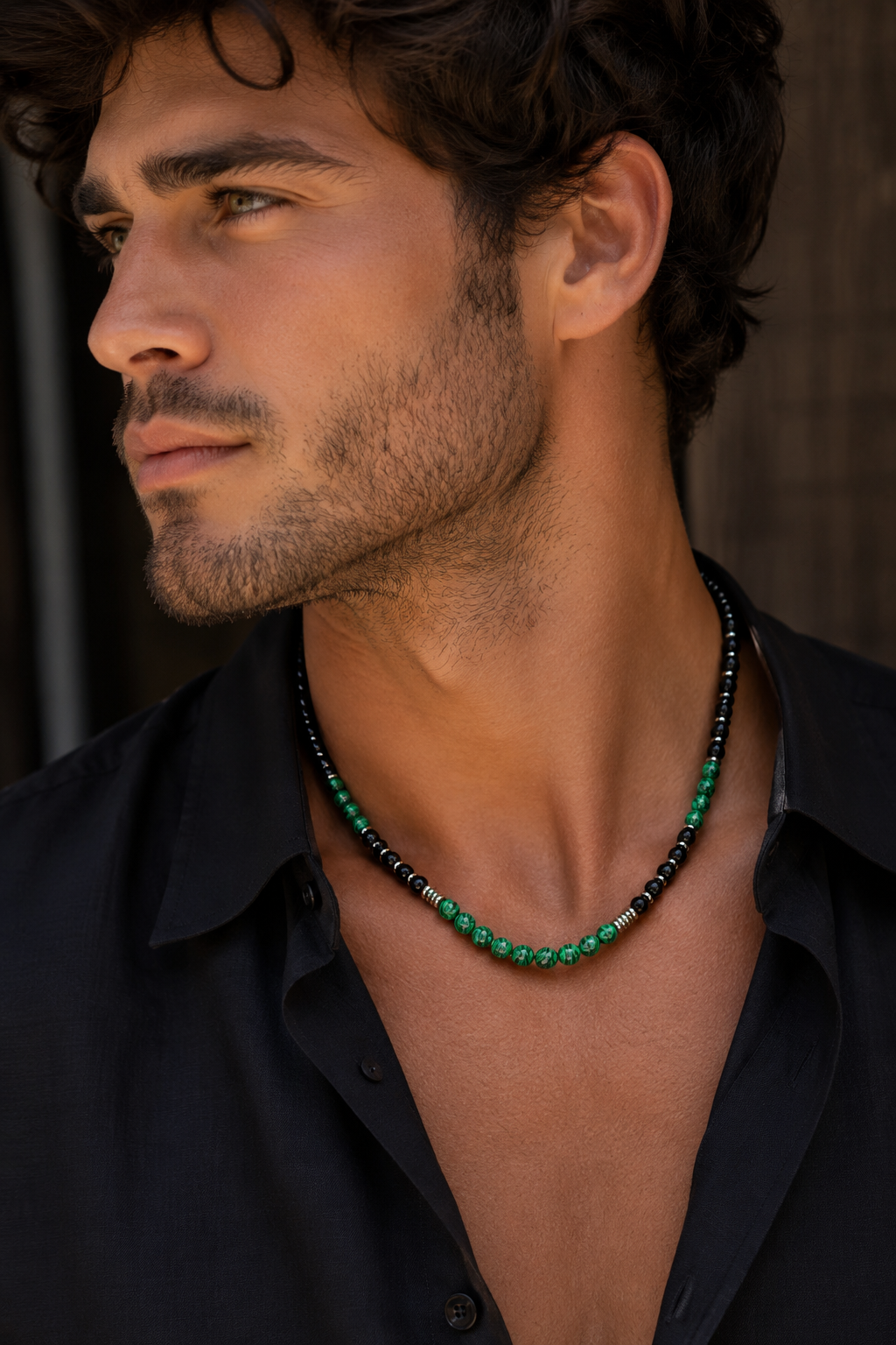 Green Malachite & Black Onyx Beaded Necklace 62 cm • 6 mm Beads • Silver Clasp • Any Size