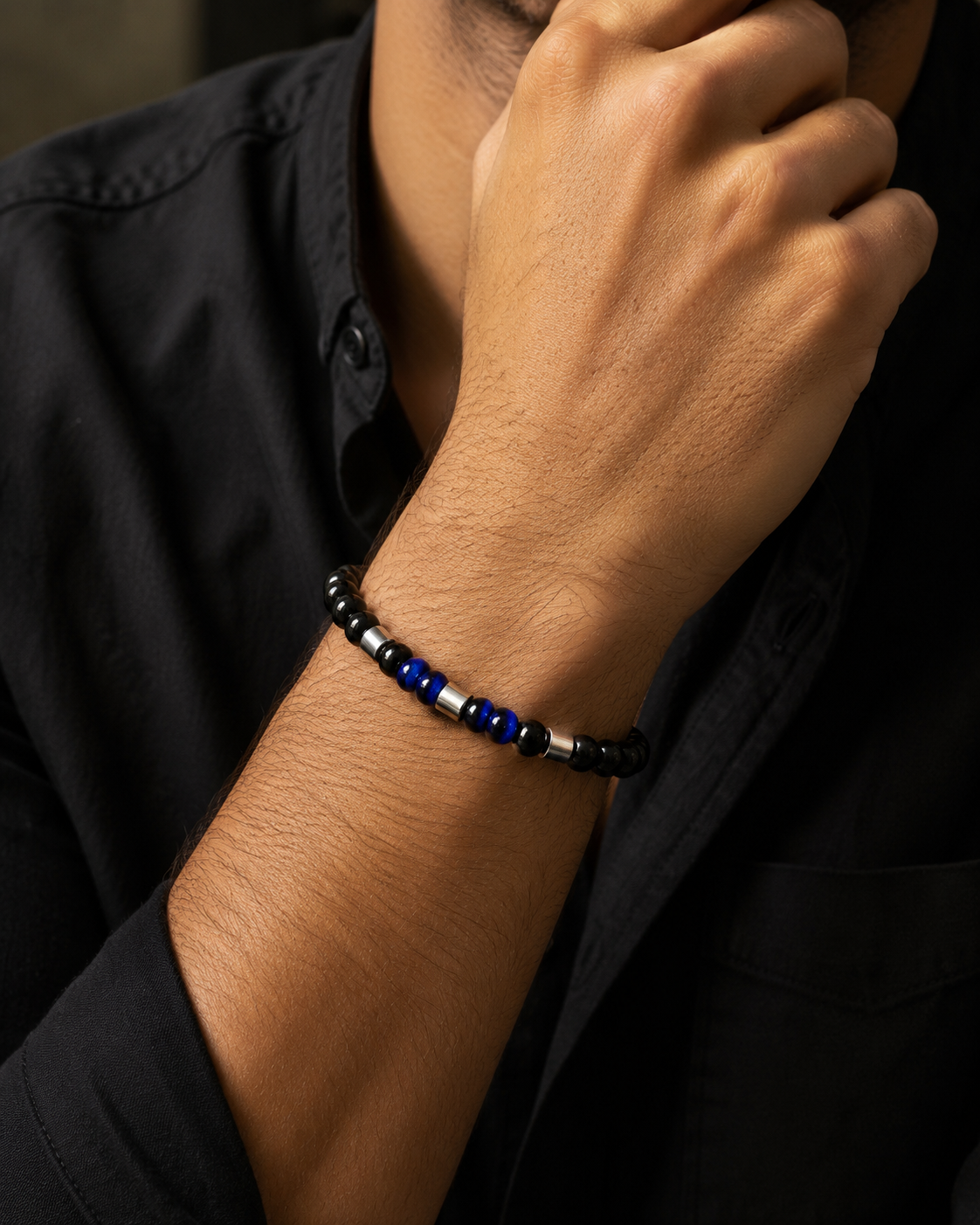 Luxury Black Onyx & Blue Tiger Eye Beaded Bracelet – 19cm – 8mm Natural Stone Bracelet – Handmade – Any Size Available