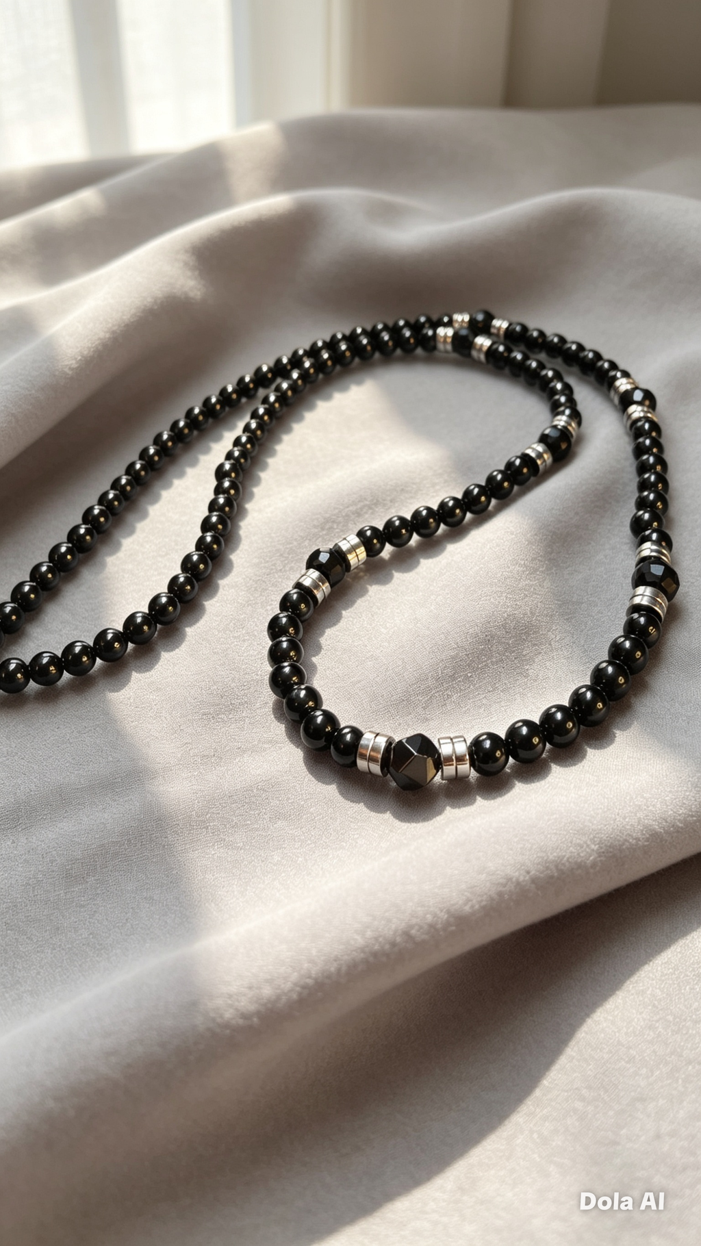 26 Inch Black Onyx Necklace for Men with Hematite Spacers – Handmade Luxury Natural Stone Beaded Necklace