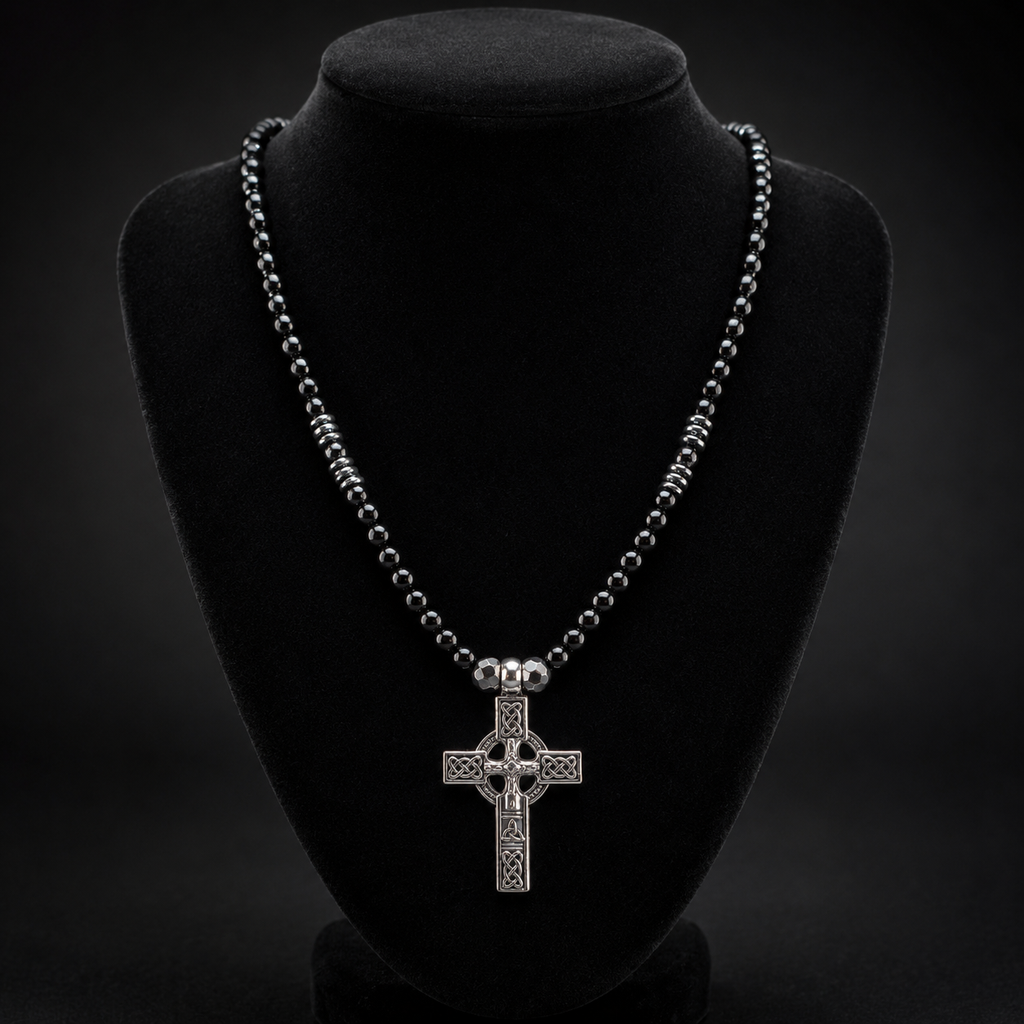 Men’s Black Onyx & Hematite Celtic Cross Necklace – 6mm Natural Stone Beads – Stainless Steel Cross – Handmade – Custom Size