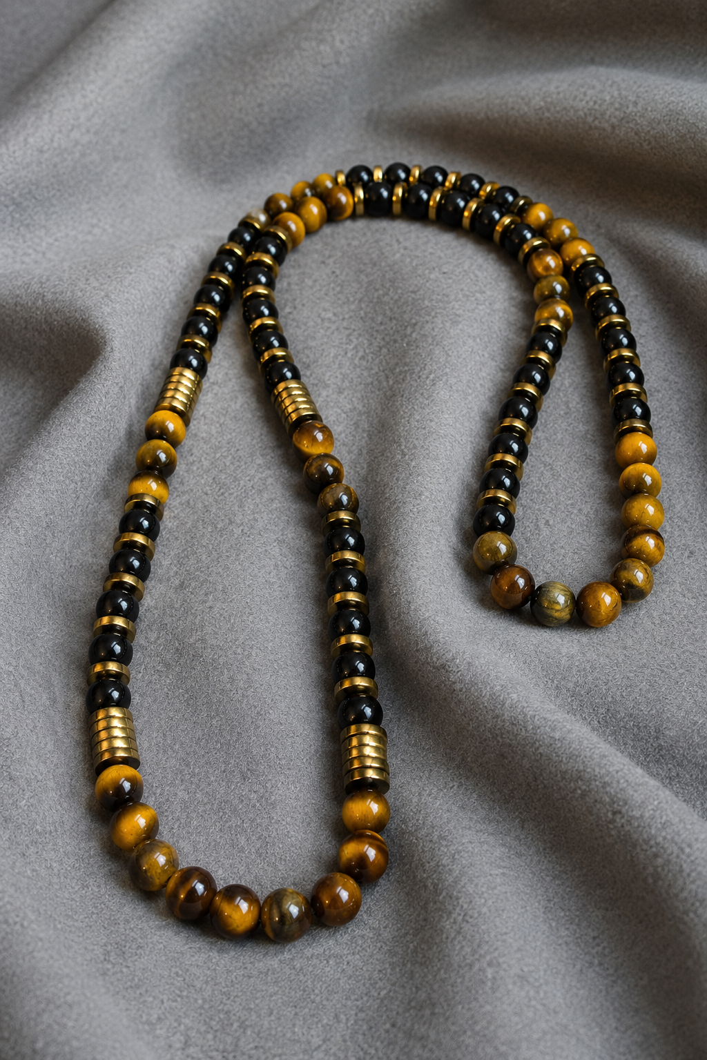 Men’s Tiger Eye & Black Onyx Beaded Necklace 26 Inch Slip On Natural Stone Gold Spacer Necklace Gift for Him
