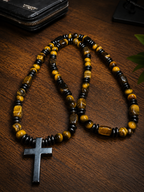 Tiger Eye Cross Necklace Mens Christian Gemstone Beaded Necklace 26 Inch