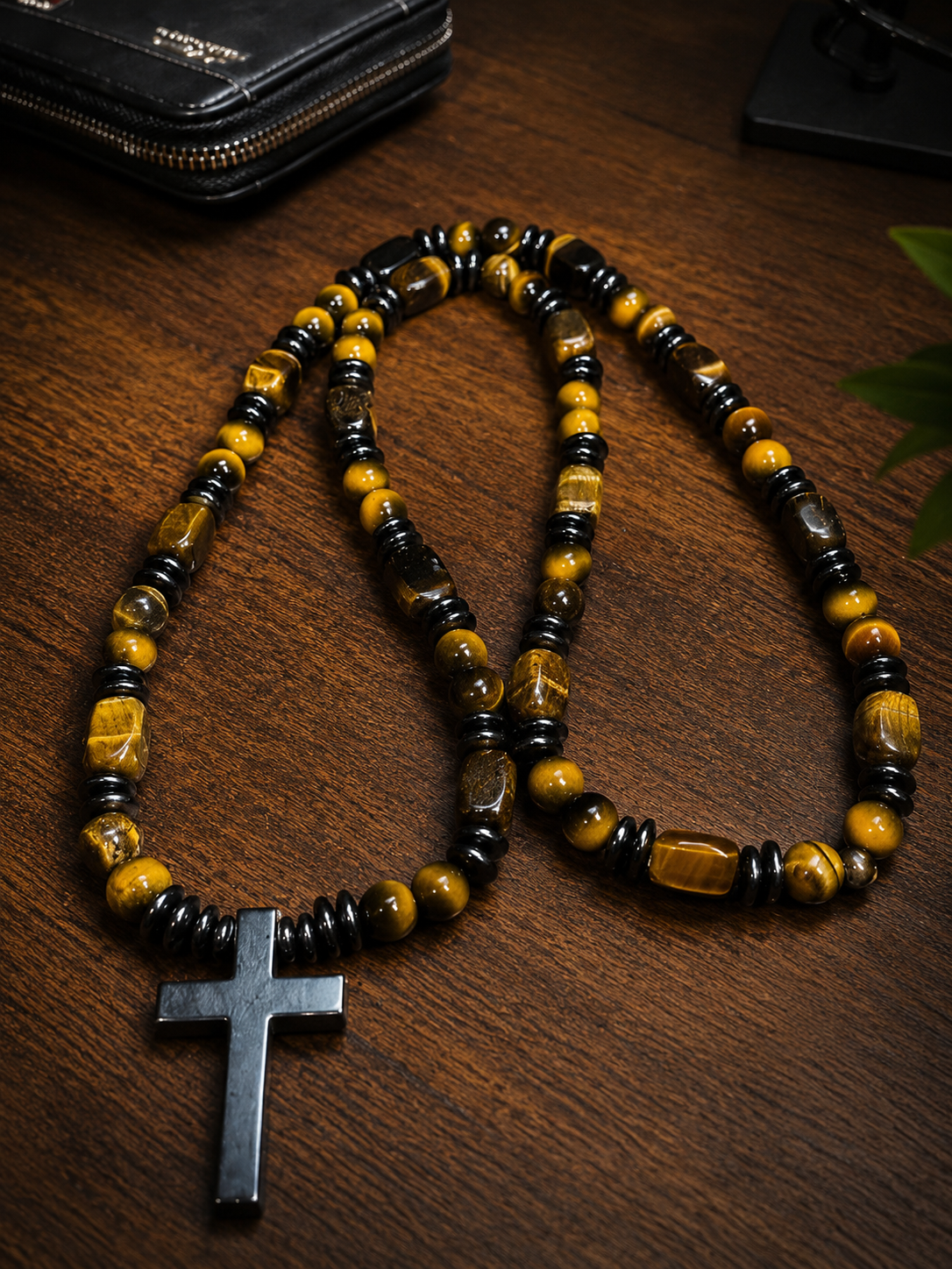 Tiger Eye Cross Necklace Mens Christian Gemstone Beaded Necklace 26 Inch