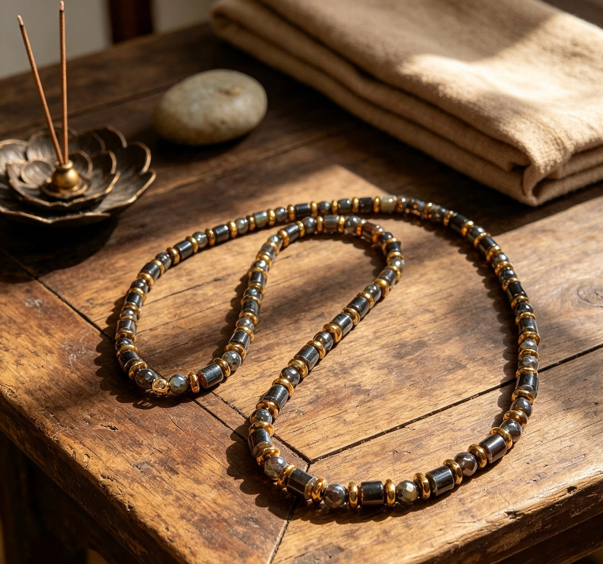 Luxury Men’s Hematite Necklace Black & Gold Beaded Necklace 26 Inch Statement Jewellery – Handmade Gift for Him