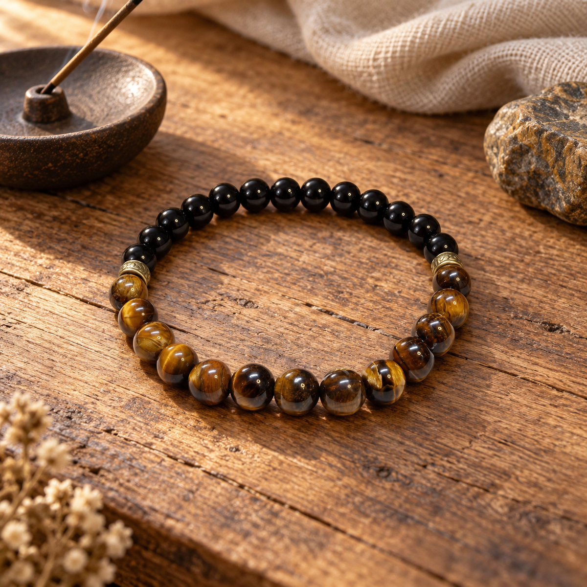 Men’s Black Onyx & Tiger Eye Bracelet – 8mm Beads, Custom Size