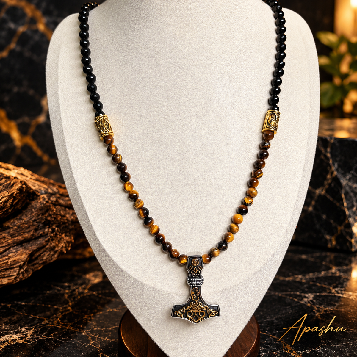 Men's Black Onyx & Tiger Eye Thor's Hammer Necklace – Viking Mjölnir Pendant | Handmade Natural Stone Jewellery