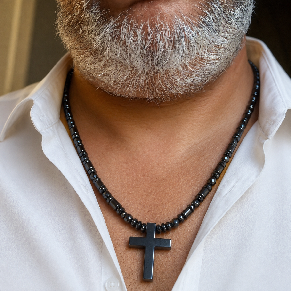 Black Hematite Cross Necklace – 26” Slip-On | 6 mm Natural Hematite Beads