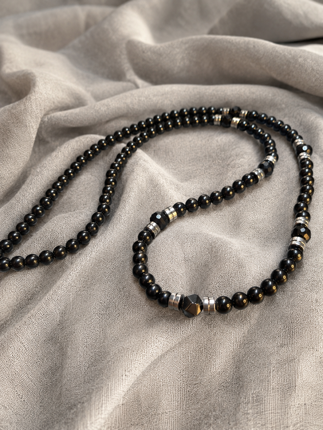 26 Inch Black Onyx Necklace for Men with Hematite Spacers – Handmade Luxury Natural Stone Beaded Necklace