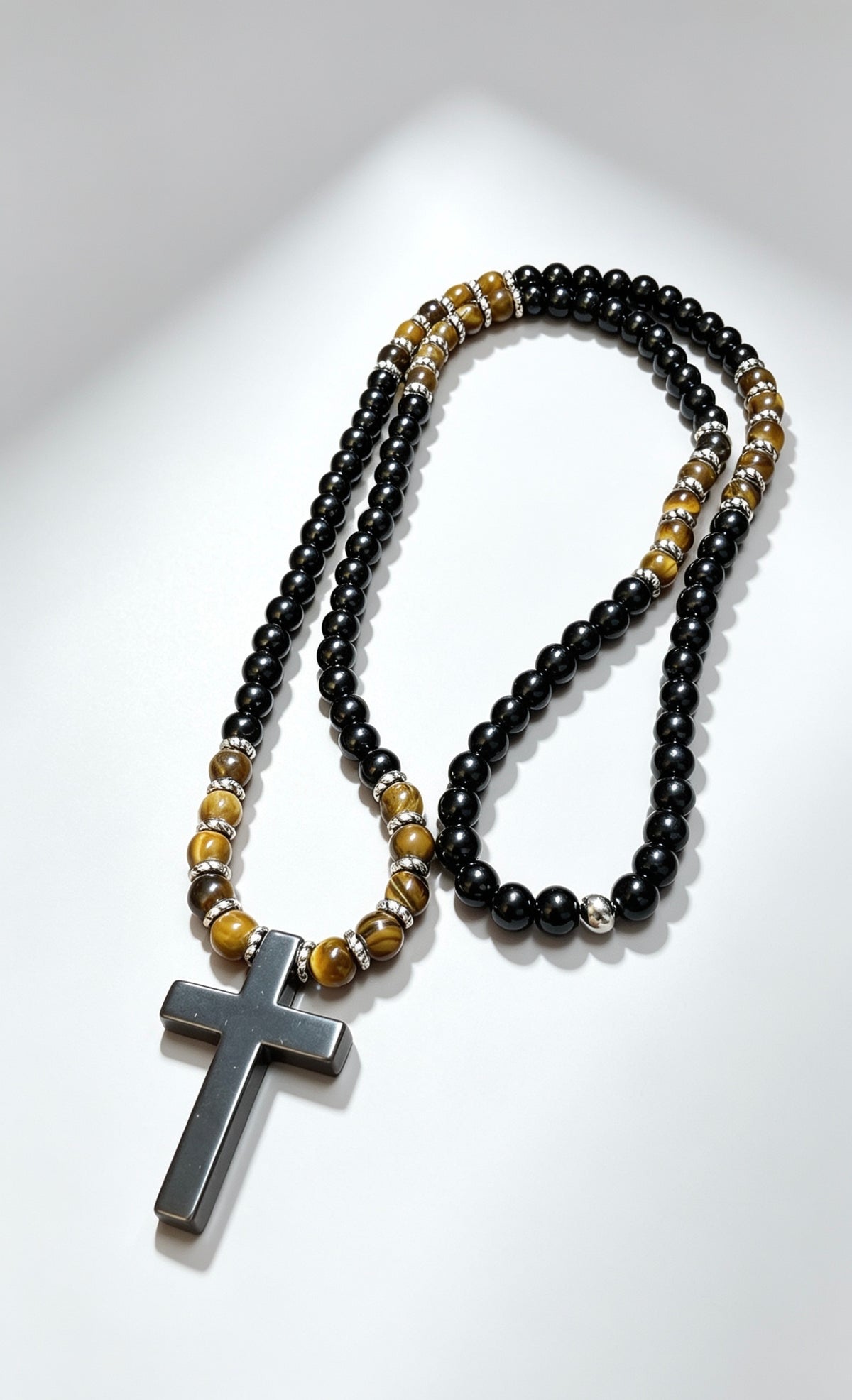 Black Onyx & Tiger Eye Cross Necklace for Men | Slip On Beaded Necklace | Natural Stone Christian Necklace | Masculine Jewelry