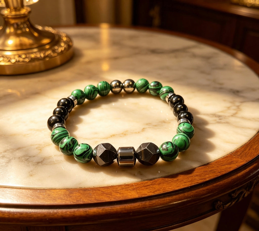 Women’s 8mm Green Malachite, Black Onyx & Hematite Bracelet – 17cm – Handmade – Any Size Available