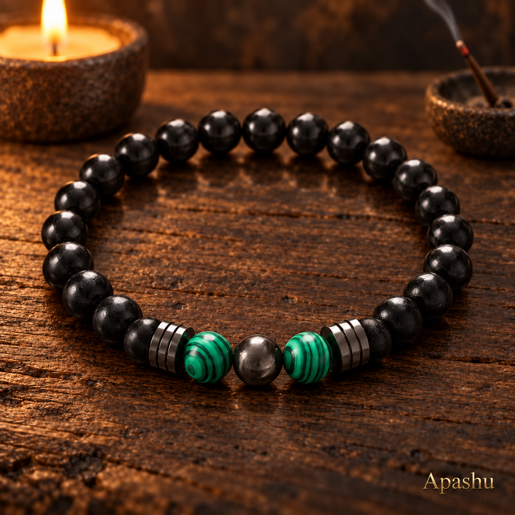 Men’s Black Stone & Green Malachite Bracelet – 19 cm