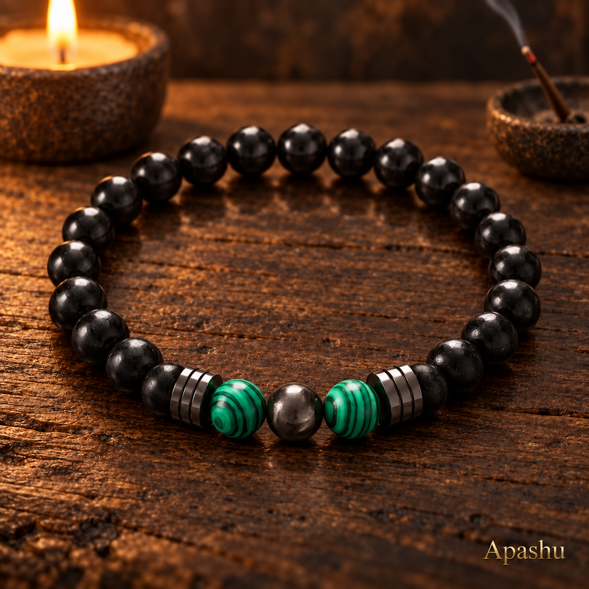 Men’s Black Stone & Green Malachite Bracelet – 19 cm