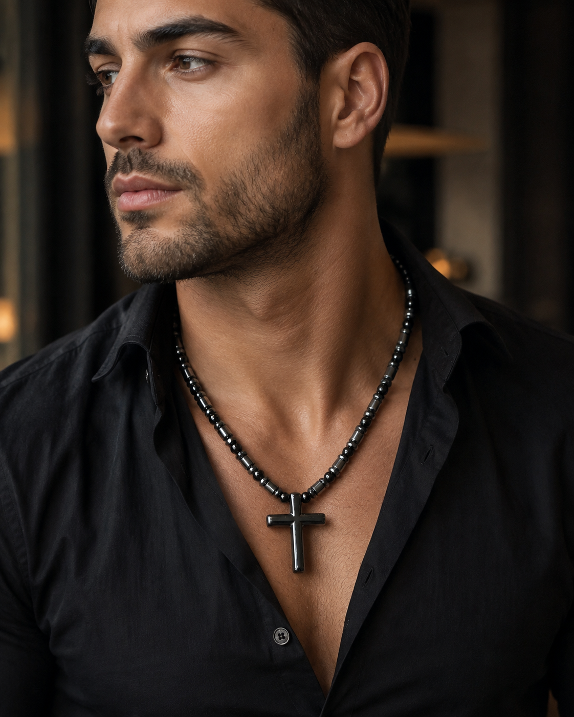 Black Onyx & Hematite Cross Necklace – 21 Inch Handmade Men’s Necklace – 6mm Natural Gemstone Beads – Christian Cross Pendant – Custom Sizes Available