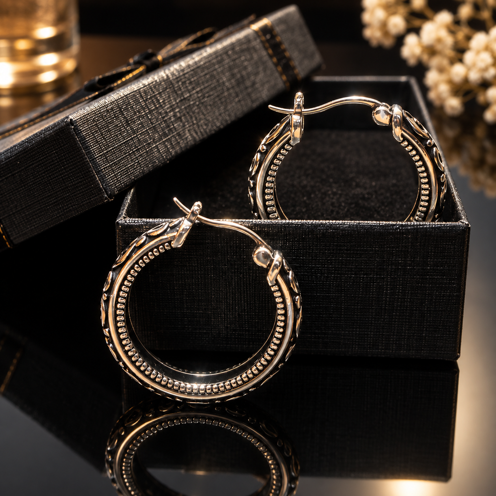 925 Sterling Silver Ornate Hoop Earrings for Women – 30mm