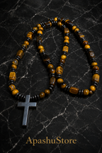 Tiger Eye Cross Necklace Mens Christian Gemstone Beaded Necklace 26 Inch