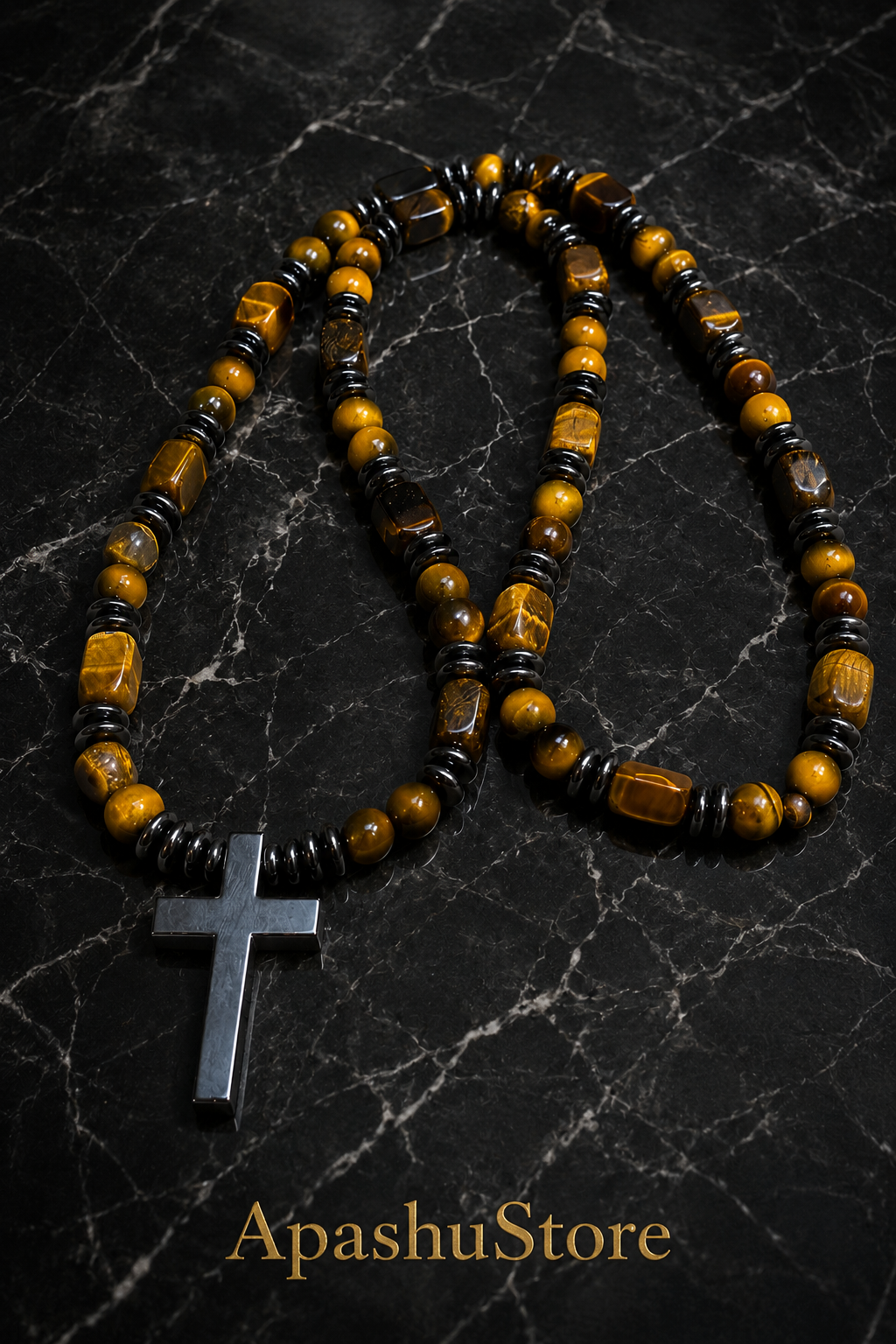Tiger Eye Cross Necklace Mens Christian Gemstone Beaded Necklace 26 Inch