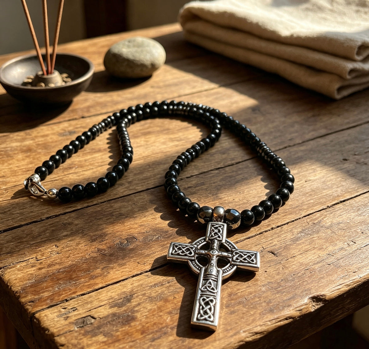 Men’s Black Onyx & Hematite Celtic Cross Necklace – 6mm Natural Stone Beads – Stainless Steel Cross – Handmade – Custom Size