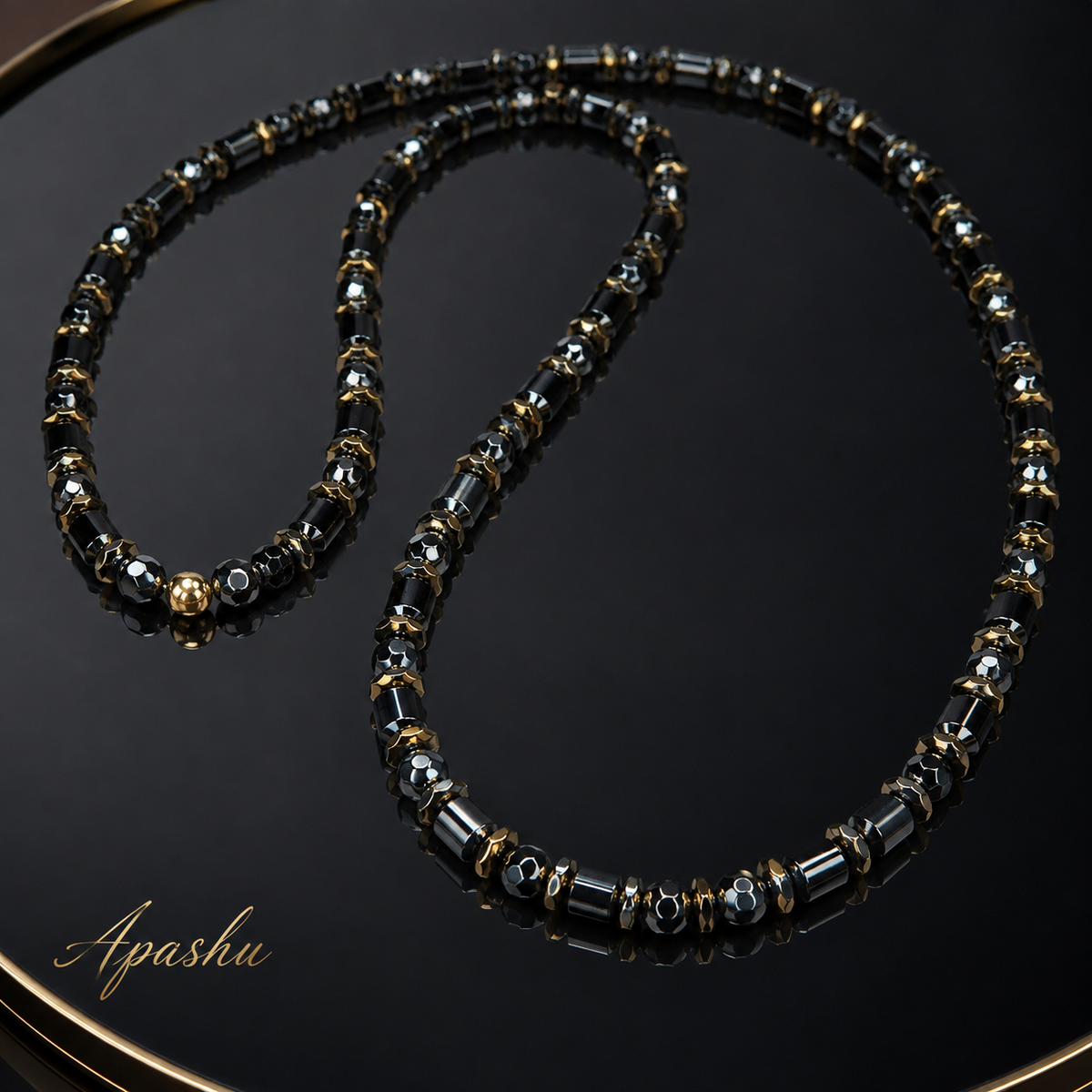 Luxury Men’s Hematite Necklace Black & Gold Beaded Necklace 26 Inch Statement Jewellery – Handmade Gift for Him