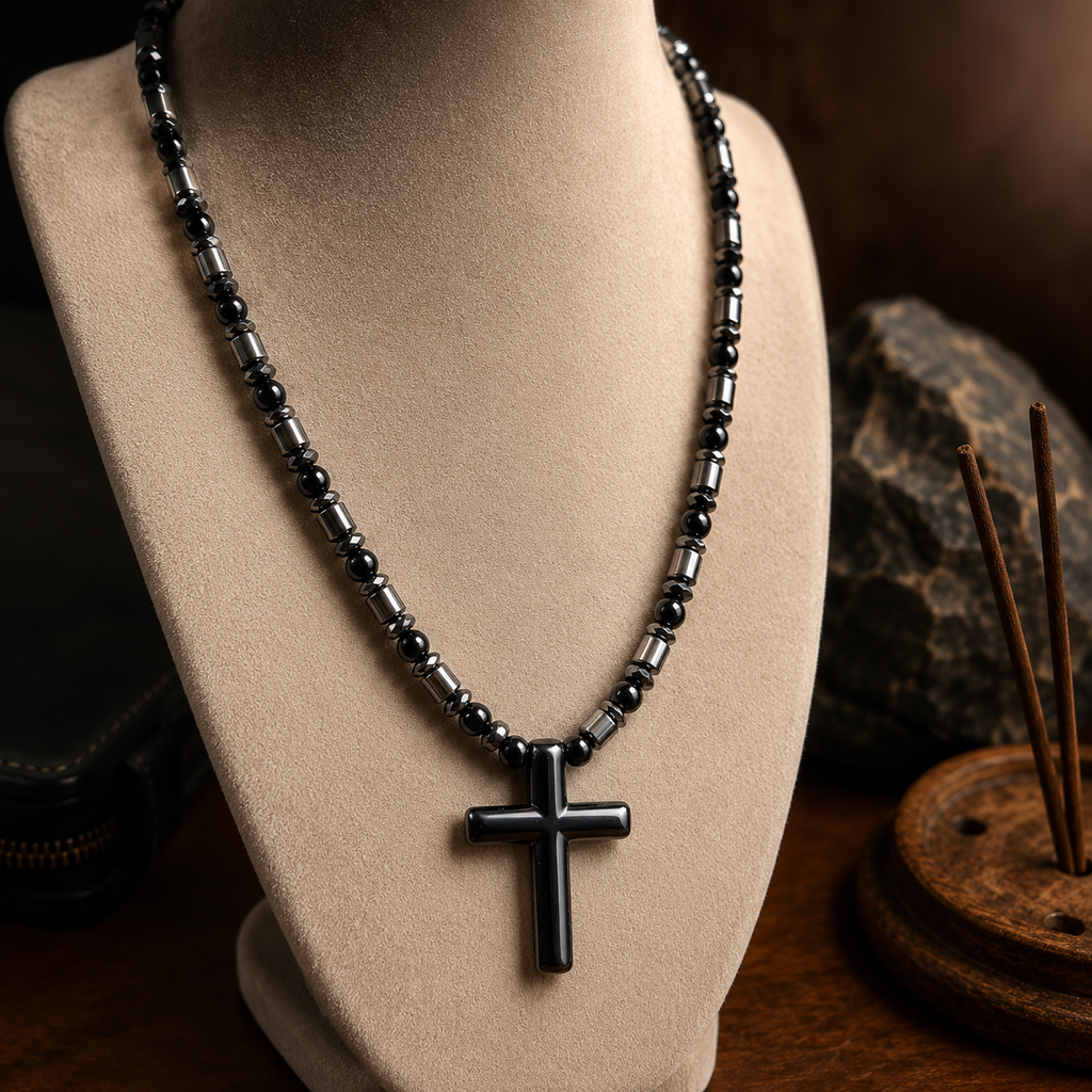 Black Onyx & Hematite Cross Necklace – 21 Inch Handmade Men’s Necklace – 6mm Natural Gemstone Beads – Christian Cross Pendant – Custom Sizes Available