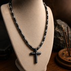 Black Onyx & Hematite Cross Necklace – 21 Inch Handmade Men’s Necklace – 6mm Natural Gemstone Beads – Christian Cross Pendant – Custom Sizes Available
